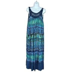Bila Blue Crochet Top Mixed Boho Print Maxi Dress Women's Size Small